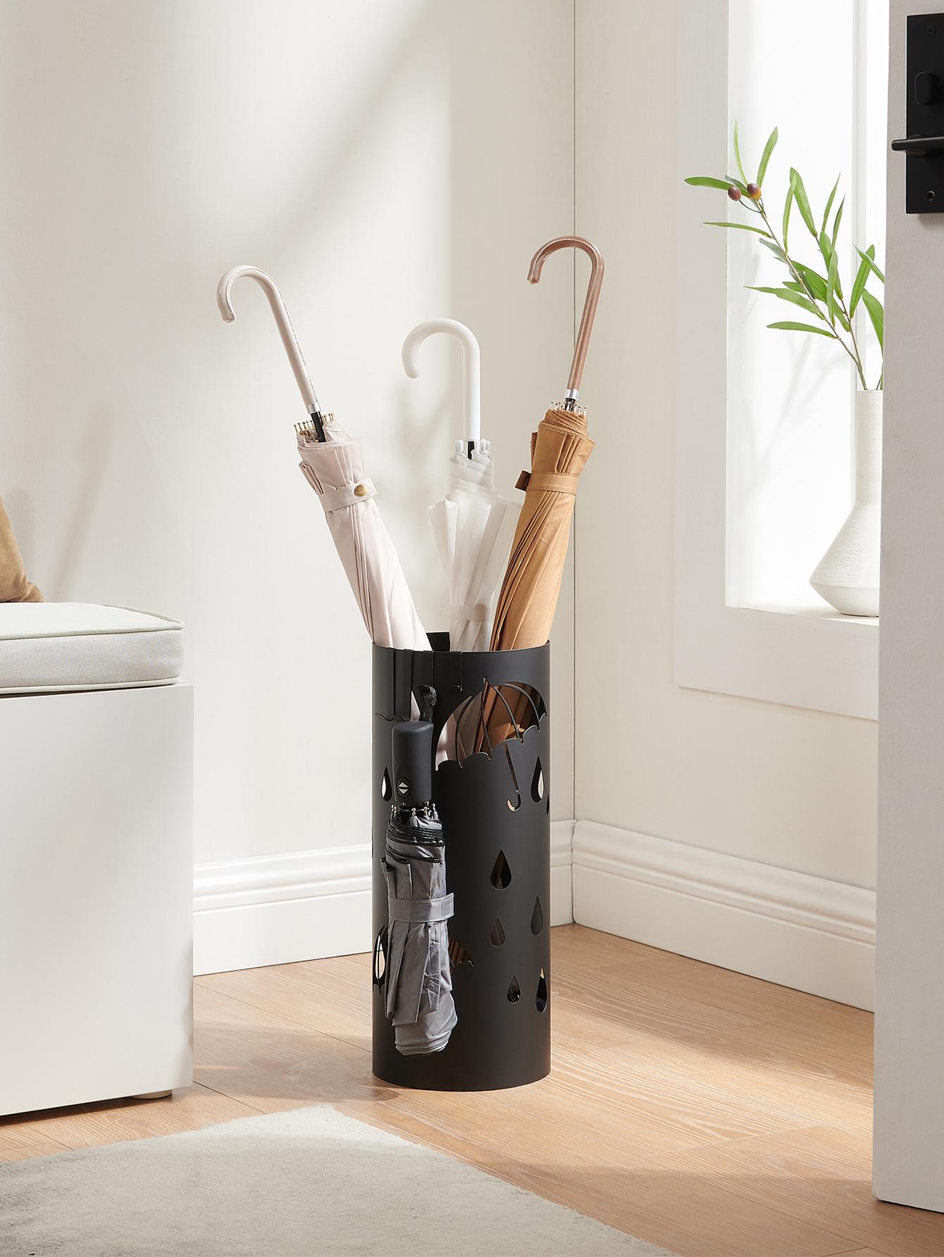 SONGMICS Umbrella Holder, Umbrella Stand For Entryway, Steel Umbrella Rack With A Removable Drip Tray And 4 Hooks, 6.7 Dia. X 16.1 Inches, Black