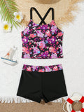 Tween Girl Heart Print Criss Cross Back Bikini Set Summer Beach