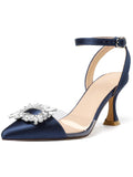 Women's Wedding Heels Rhinestone Heels Closed Toe Strappy Black High Heels Sexy Ankle Strap Pumps Bridal Party Wedding Dress Shoes with Pointed Toe