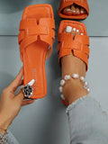 Women Snakeskin Embossed Hollow Out Design Flat Sandals, Funky Orange Slide Sandals For Summer