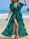 Swim Vcay Summer Beach Tropical Print Drawstring Waist Kimono