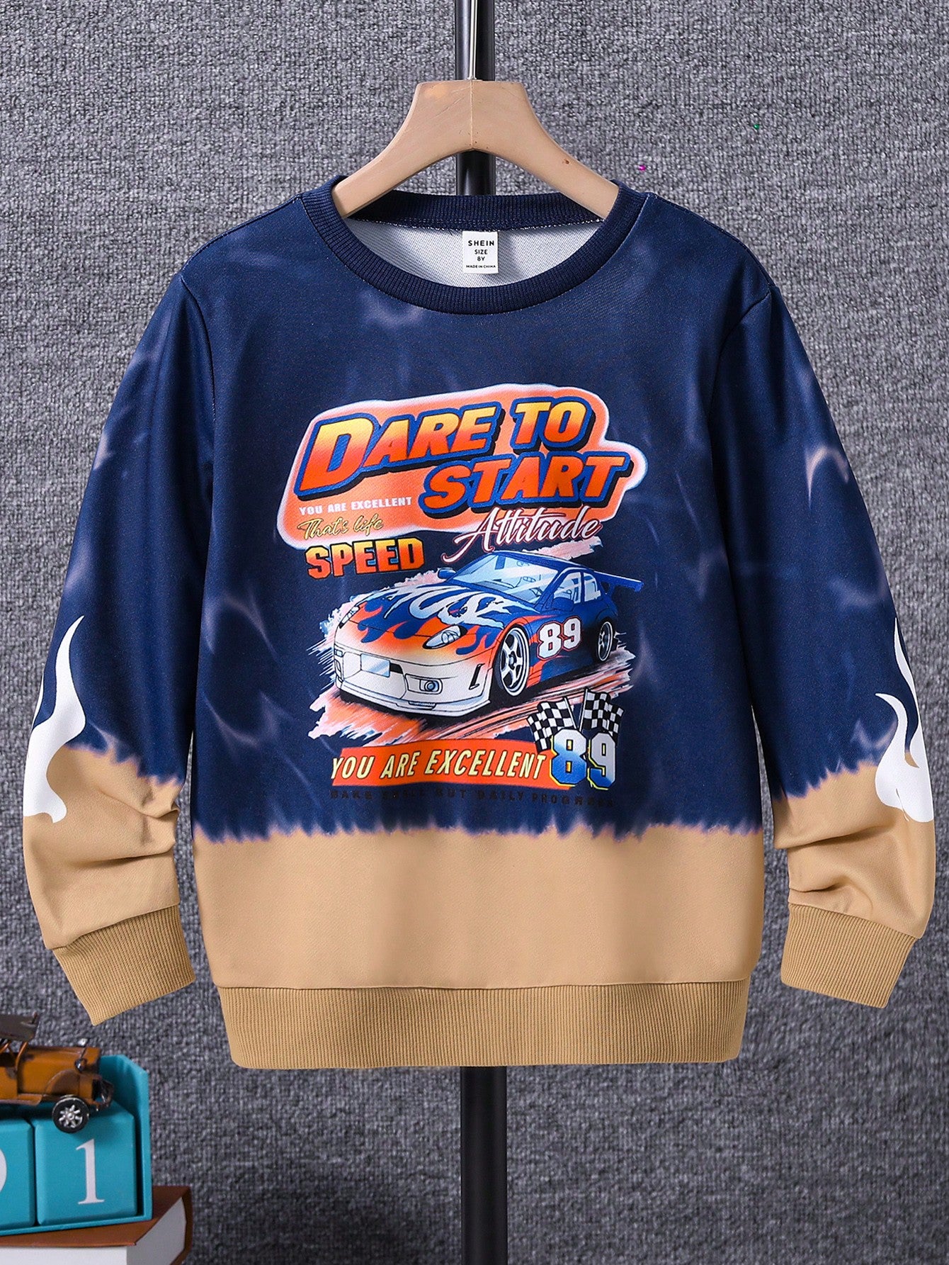 Tween Boy Car & Letter Graphic Two Tone Sweatshirt