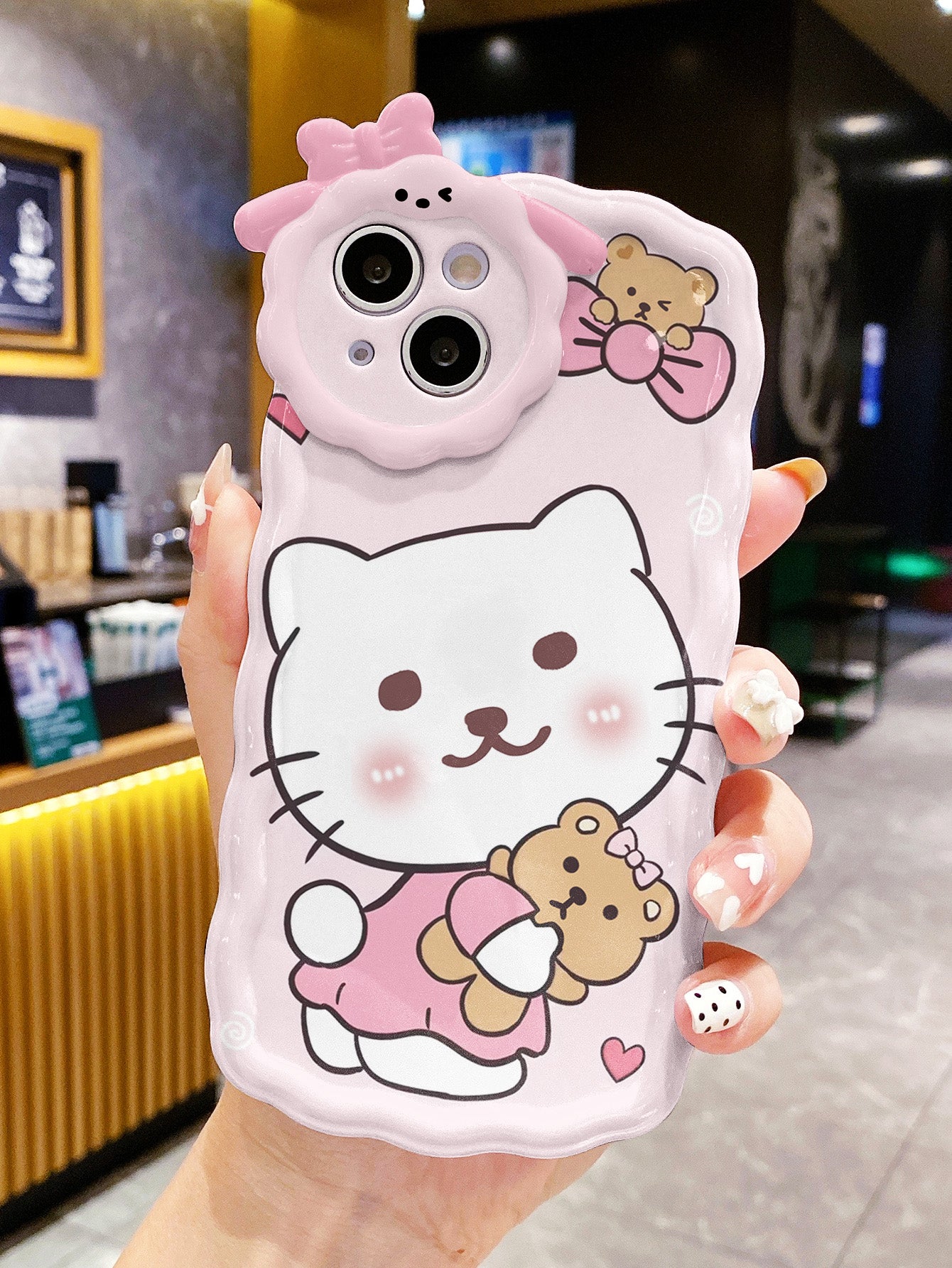 Pink Bow Cartoon Cat Print Phone Case