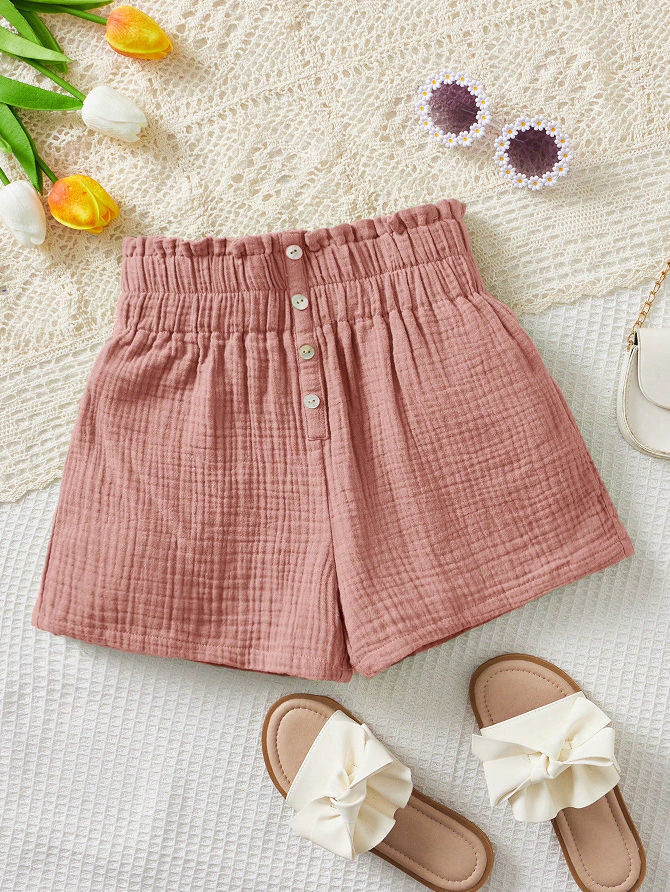 Tween Girls Solid Color Loose Front Button Decor Ruffle Trim Waist Casual Shorts