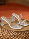 Women Rhinestone Decor Clear Chunky Heeled Mule Sandals, PVC Glamorous Sandals