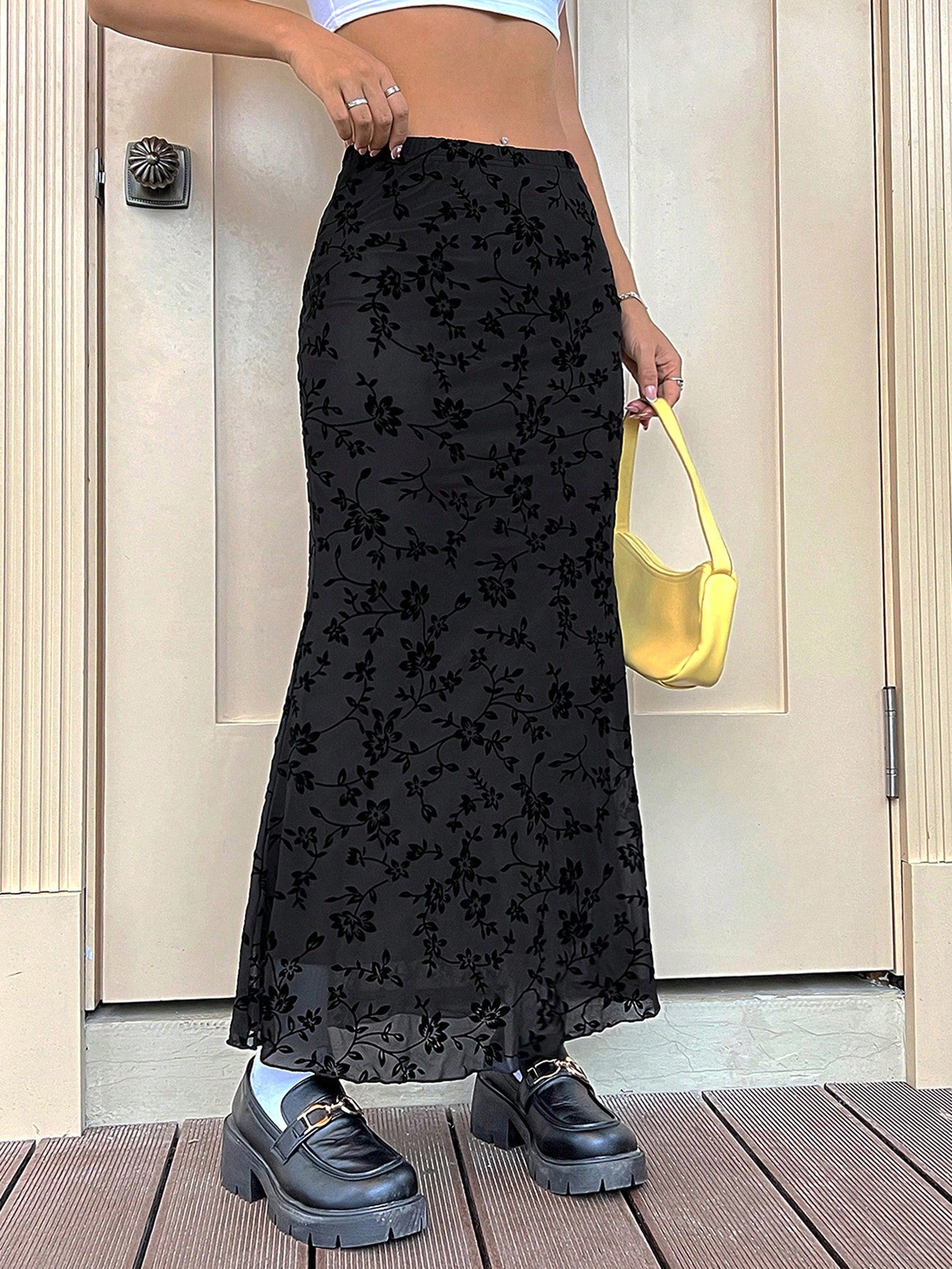 Floral Print Lettuce Trim Mermaid Hem Mesh Skirt