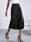 High Waist Split Thigh Satin Skirt Workwear