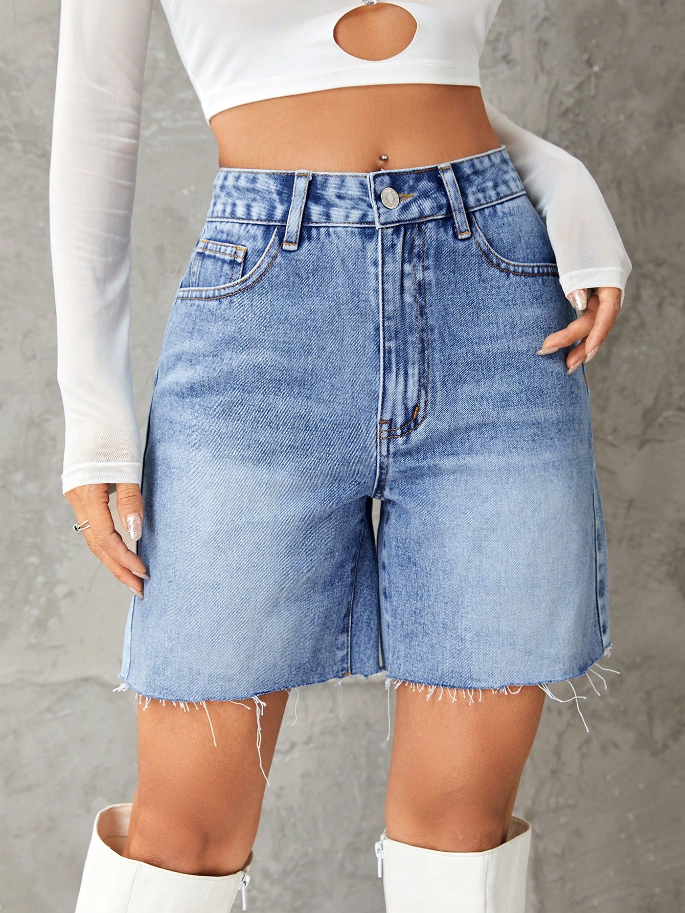 High Waist Raw Hem Denim Shorts