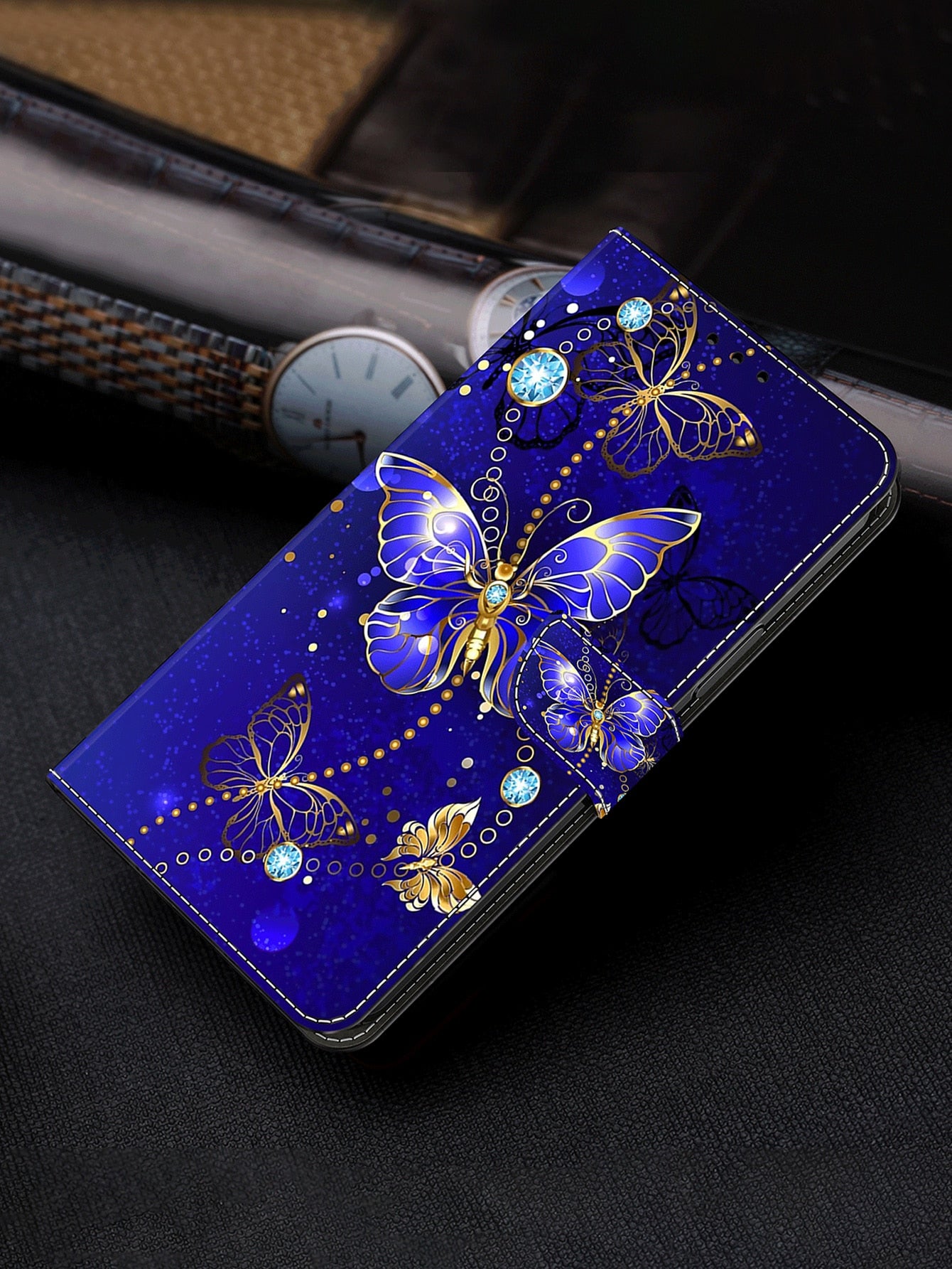 Blue Magnetic PU Leather Stand Folding Wallet Case Compatible With Samsung Galaxy IPhone Xiaomi And Other Mobile Phone Models (Blue Butterfly Pattern) Compatible With IPhone15/15Plus/15Pro/15Promax