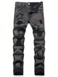 Men Ripped Frayed Bleach Wash Jeans