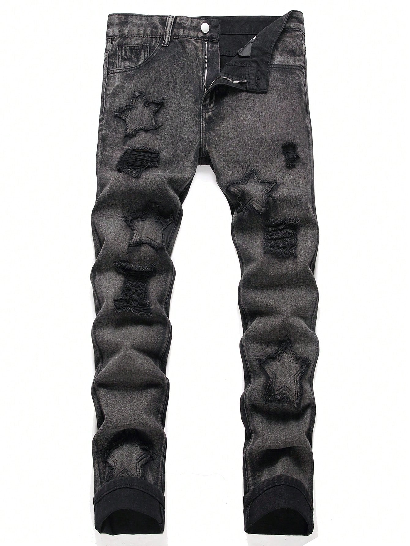 Men Ripped Frayed Bleach Wash Jeans