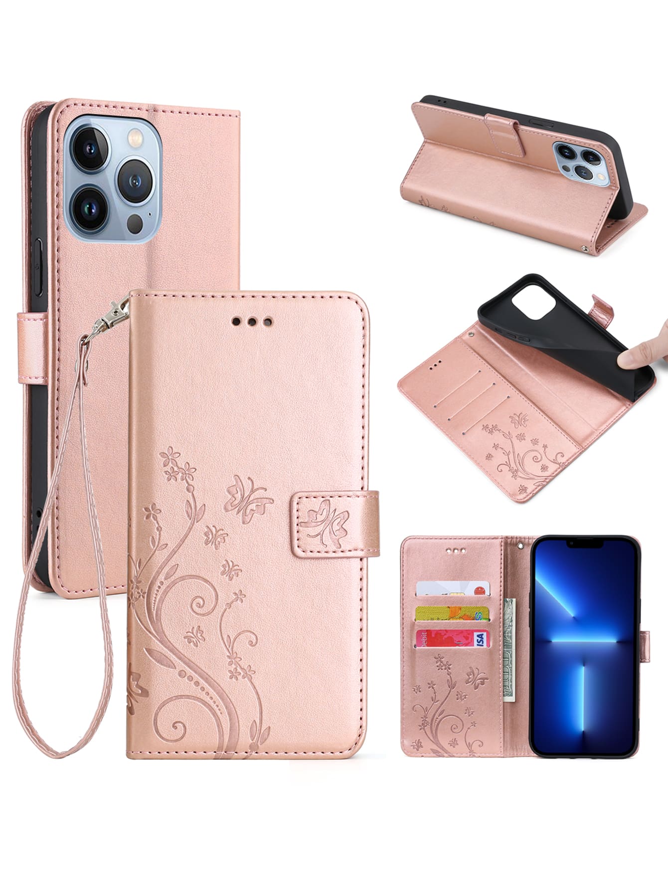 With Phone Charm Butterfly Embossed Flip Leather Phone Case With Card Slot & Kickstand Compatible With Apple/Samsung/Huawei/Xiaomi/Redmi/Pixel7a/Realme/Oppo