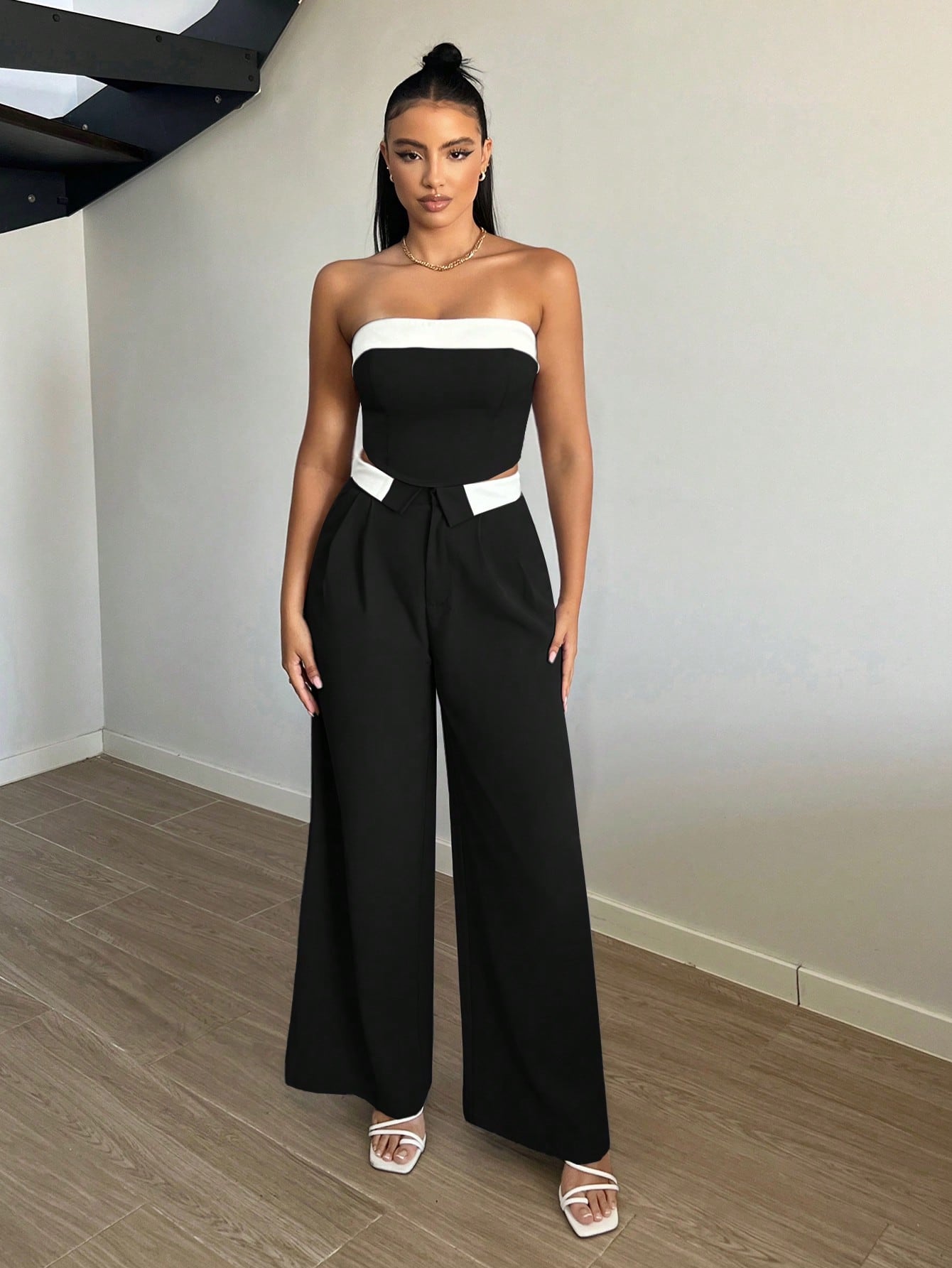 Contrast Trim Wide Leg Suit Pants
