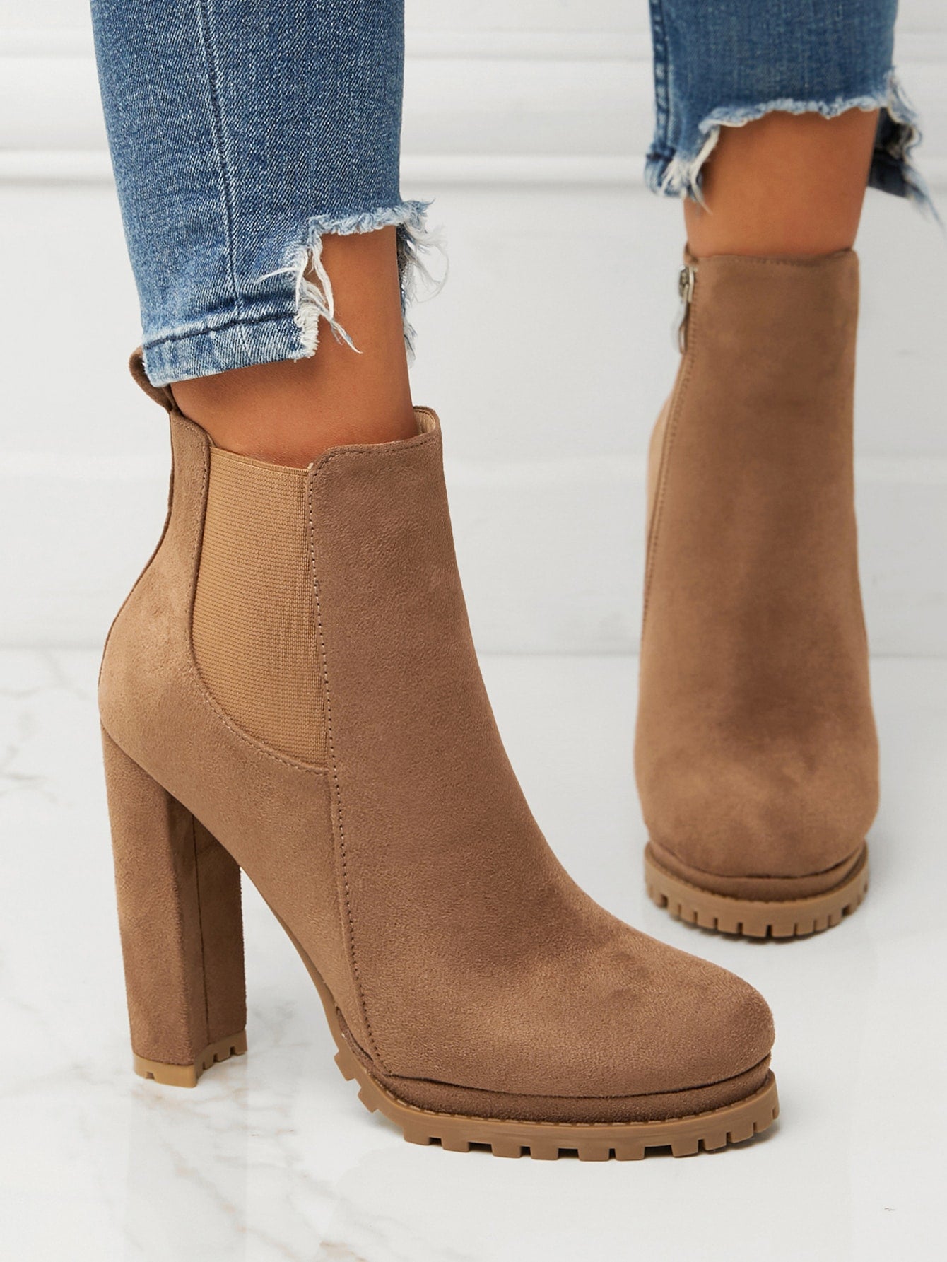 Women's Elegant Brown Side Zipper Chunky Heel Chelsea Boots For Winter