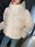 Solid Drop Shoulder Hooded Puffer Pockets Coat