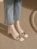 Women Metal Decor Square Toe Chunky Heeled Pumps, Elegant Outdoor Artificial Patent Leather Slingback Pumps