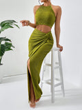 Solid Crop Halter Top & Twist Front Split Thigh Skirt Two Piece