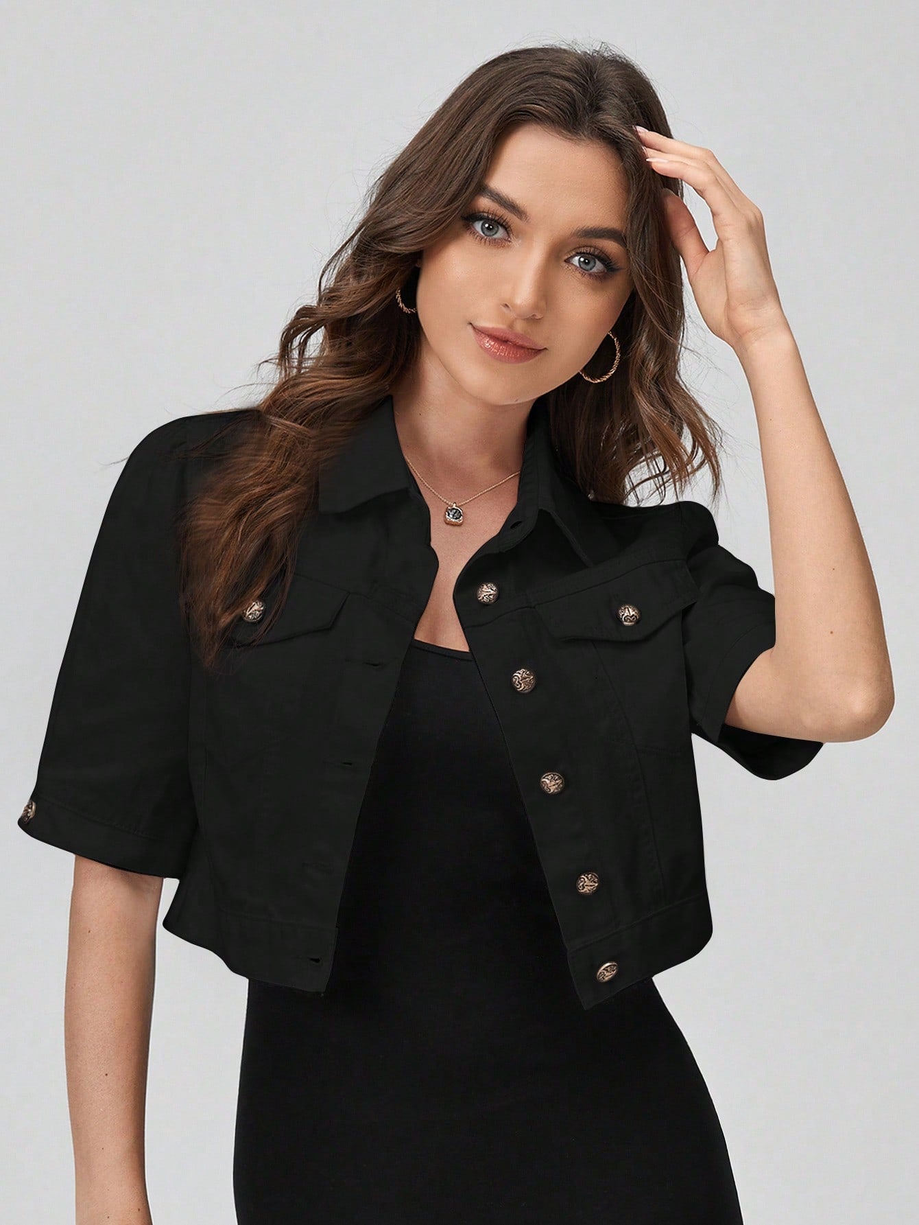 Flap Pocket Button Front Crop Denim Jacket