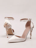 Women Rhinestone & Flower Decor Point Toe Stiletto Heeled Pumps, Fashionable White Elastane Slingback Pumps For Wedding