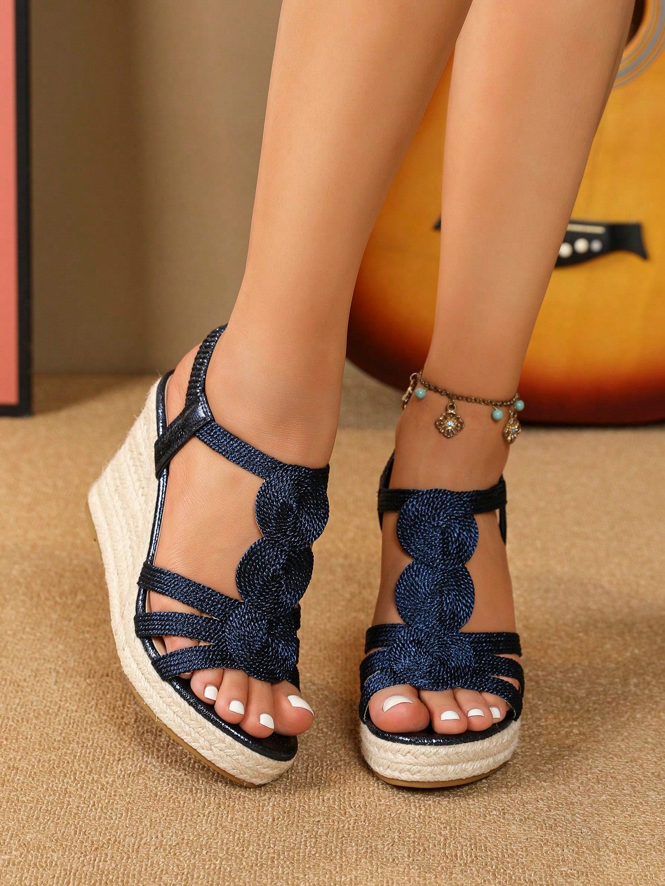 Women's Blue Resort Braided Hemp Rope Wedge Sandals