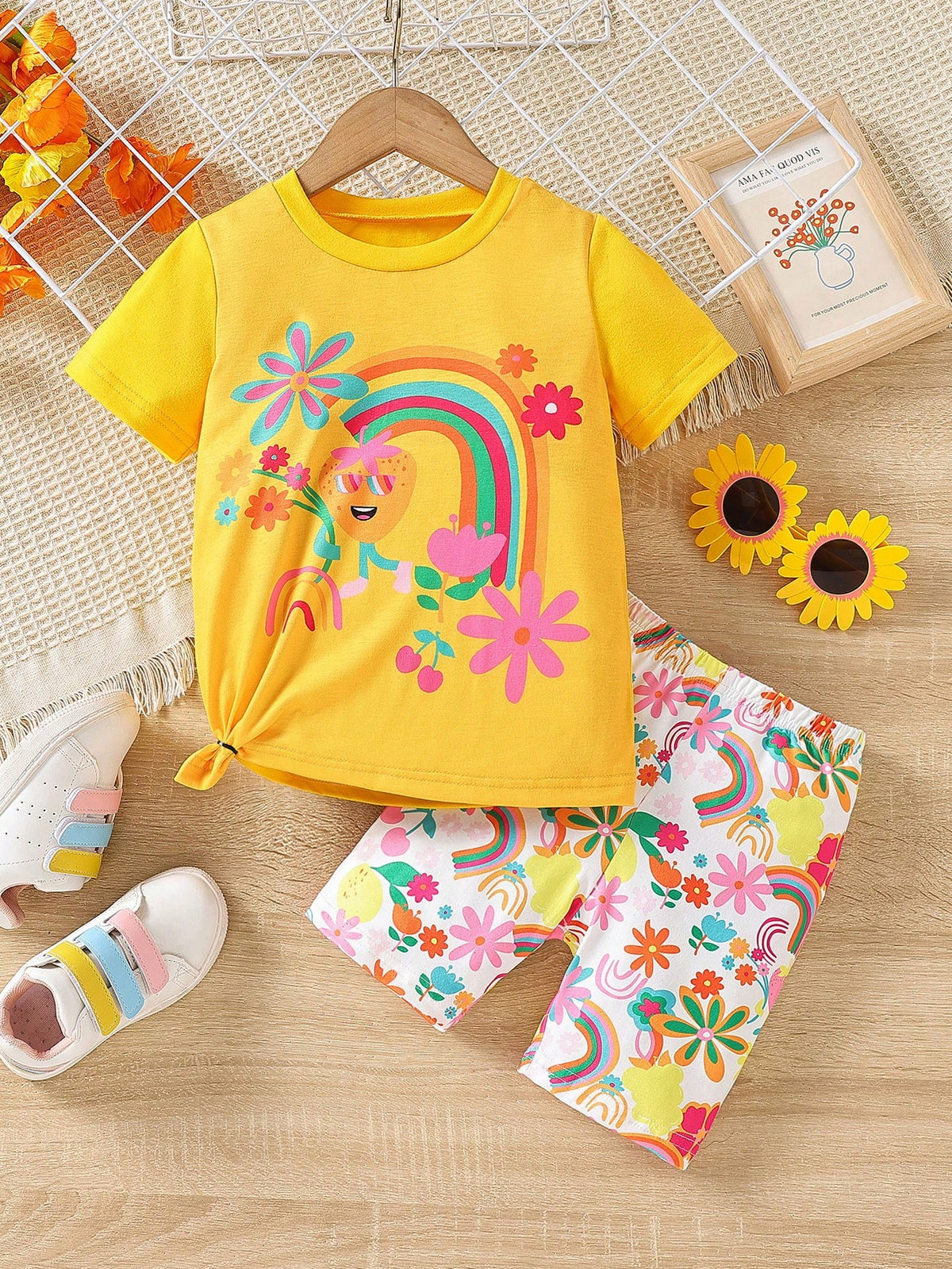 Young Girl Unicorn Printed Short Sleeve T-Shirt And Shorts Set, Summer