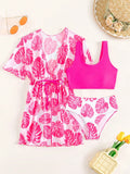 Tween Girl Tropical Print Bikini Set With Kimono Summer Beach