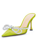 Women Heeled Mules Clear PVC Pointed Toe Rhinestone Bow-knot Sandals