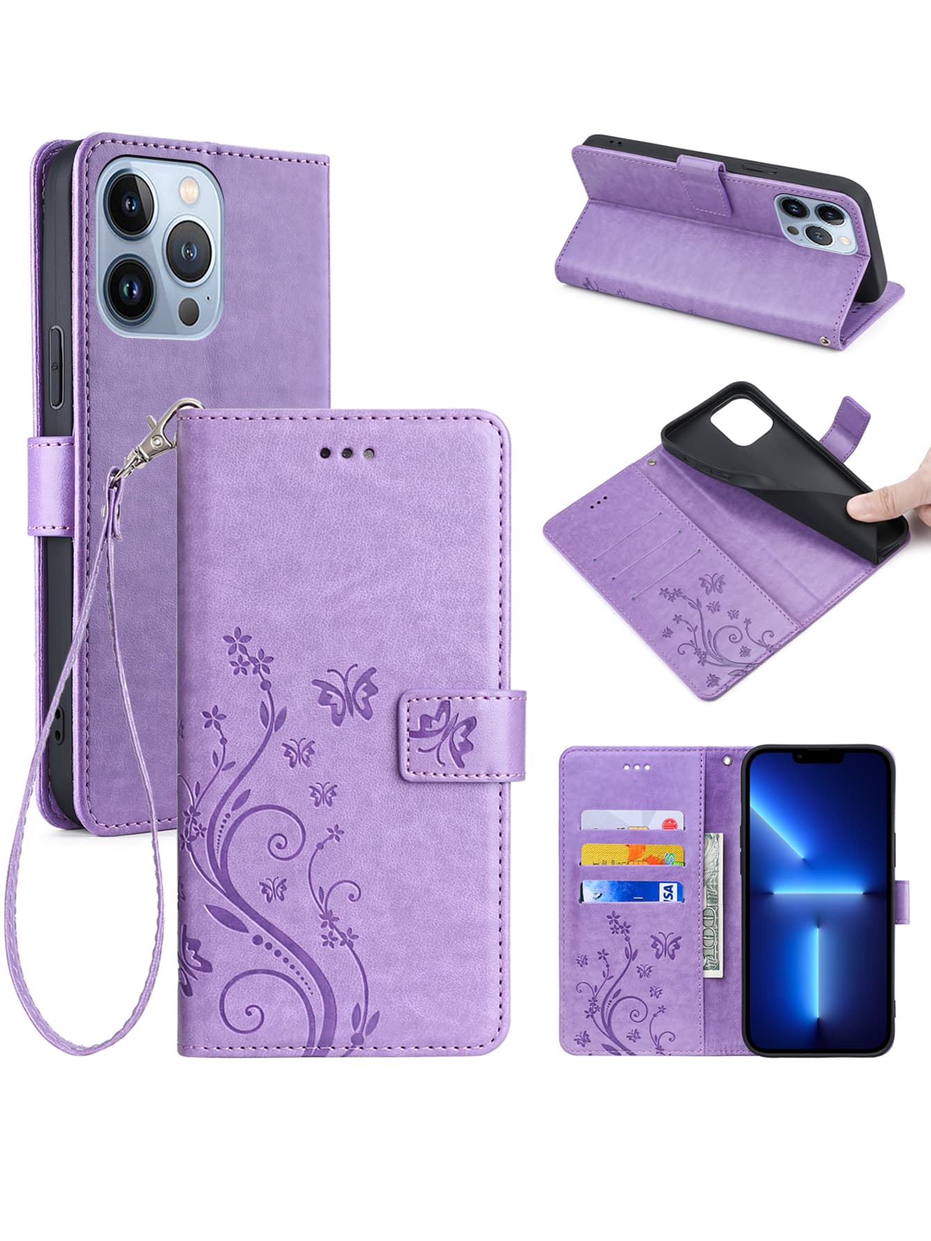 Butterfly Embossed Card Holder Flip Phone Leather Case Compatible With Apple 13pro/Samsung A23/Huawei P30 Lite/Xiaomi X5/Redmi Note 12/Pixel7a/Realme/Oppo/ Xperia 10