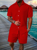 Men Solid Button Up Shirt & Drawstring Waist Shorts