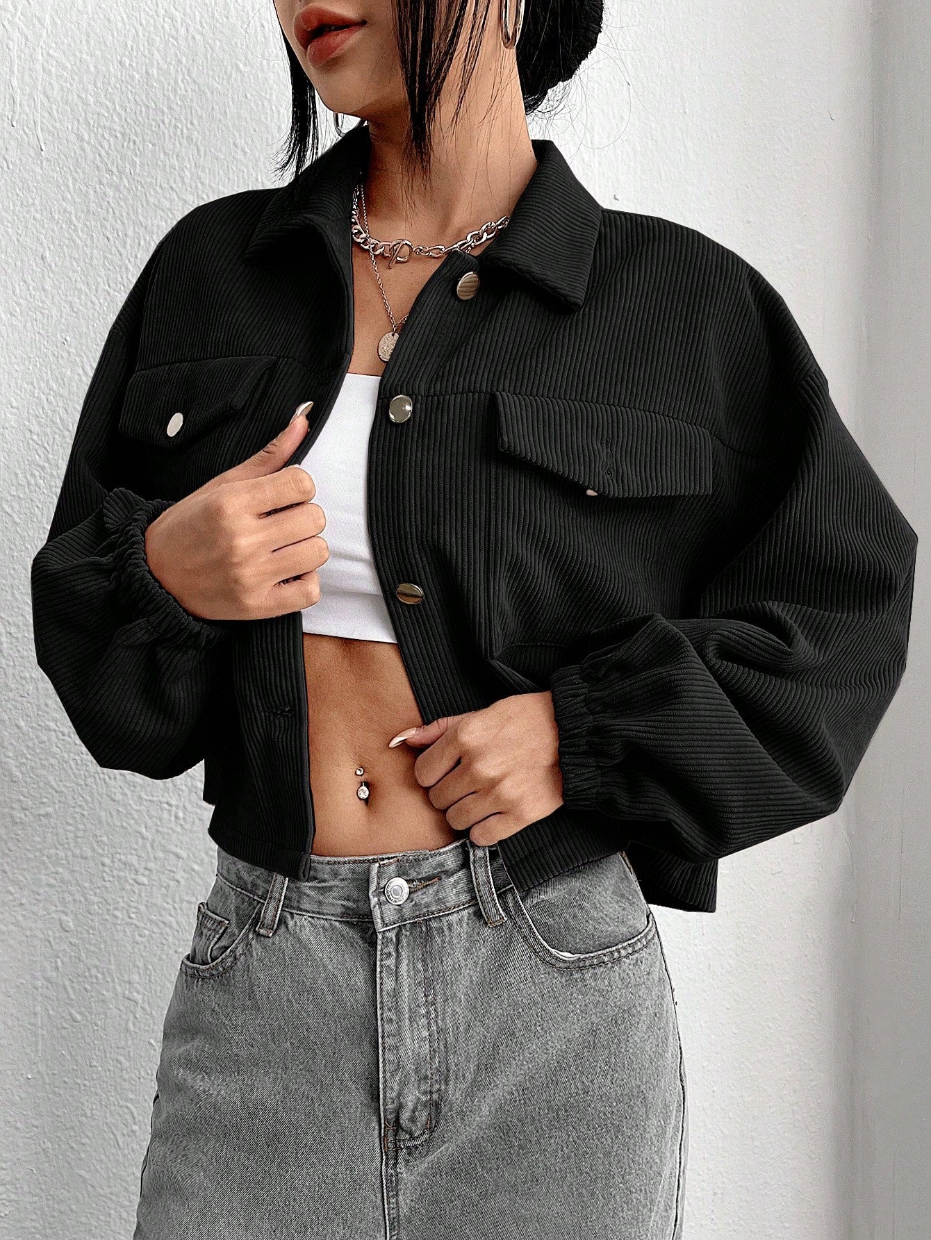 Flap Pocket Drop Shoulder Crop Jacket Without Cami Top