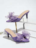 Women's Flower Decor Peep Toe High Heel Sandals, Elegant Summer Purple Faux Suede Stiletto Sandals
