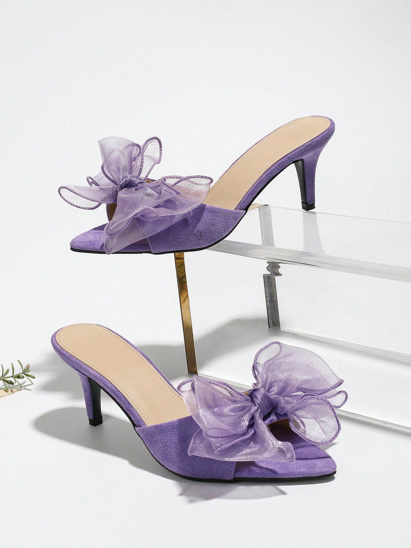 Women's Flower Decor Peep Toe High Heel Sandals, Elegant Summer Purple Faux Suede Stiletto Sandals