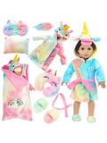 American 18 inch Doll Clothes and Doll Sleeping Bag Set - Rainbow Unicorn Doll Costume with Unicorn Style Sleeping Bag, Pillow, Eye Mask Slumber Party Accessories Fits 18 Inch Doll