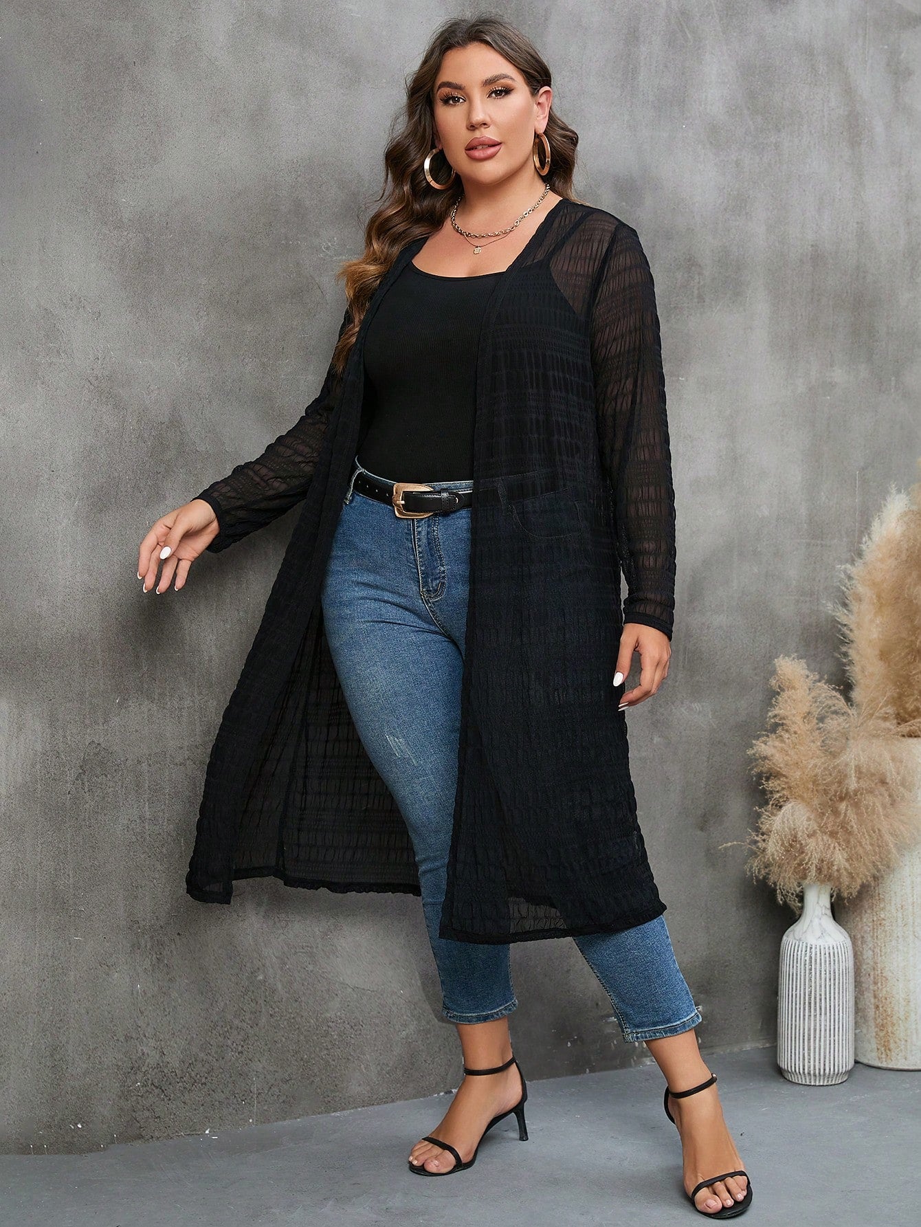 Plus Solid Open Front Kimono