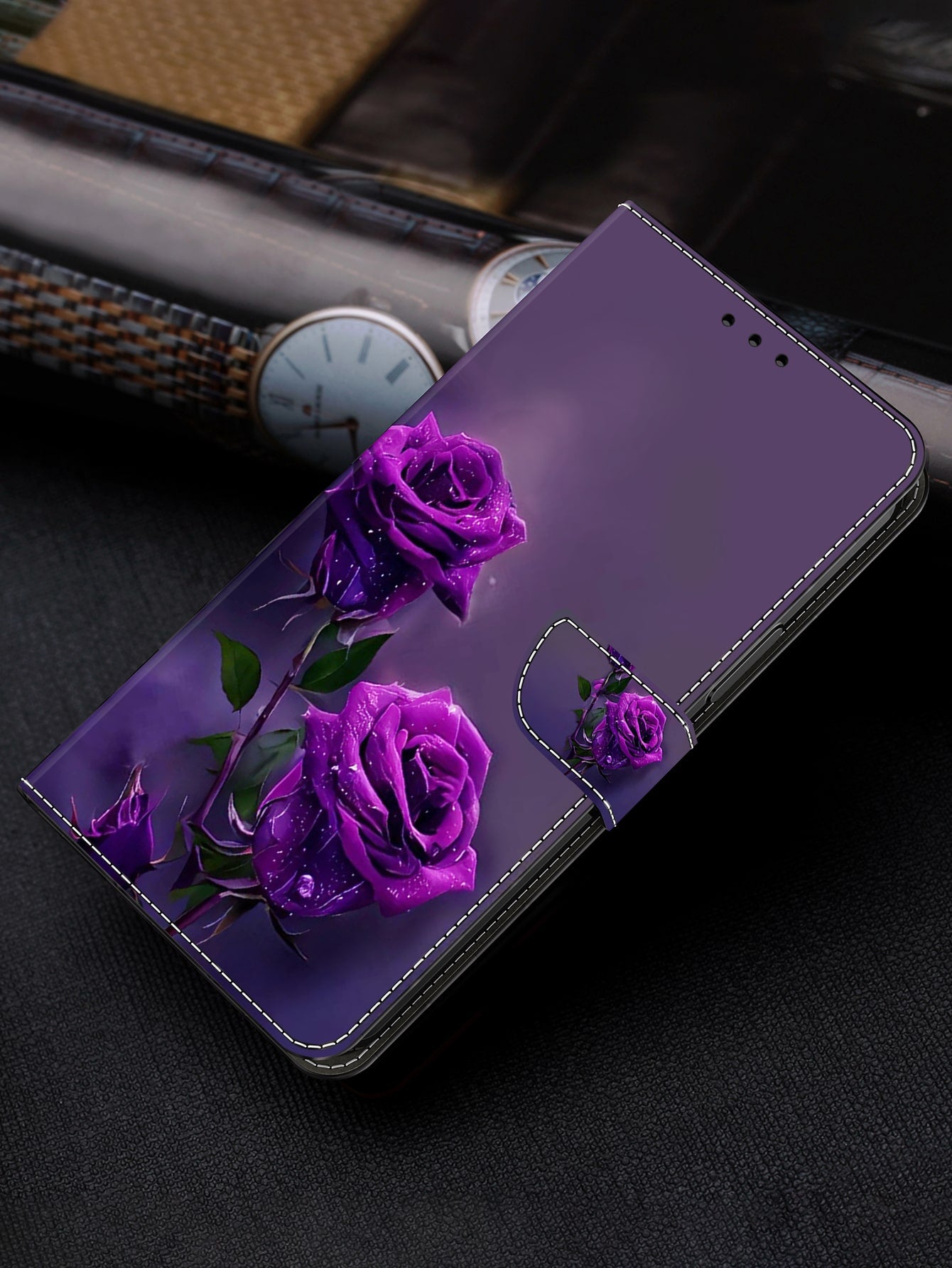Phone Case Compatible With Galaxy / iPhone / Xiaomi / Huawei / Google / Sony with Card PU Leather Folio Wallet Magnetic Closure Folding Base Card Clip Wallet- Purple Rose Compatible With iPhone15/15Plus/15Pro/15Promax