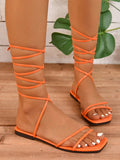 Women's Lace Up Square Toe Open Toe Casual Flat Sandals