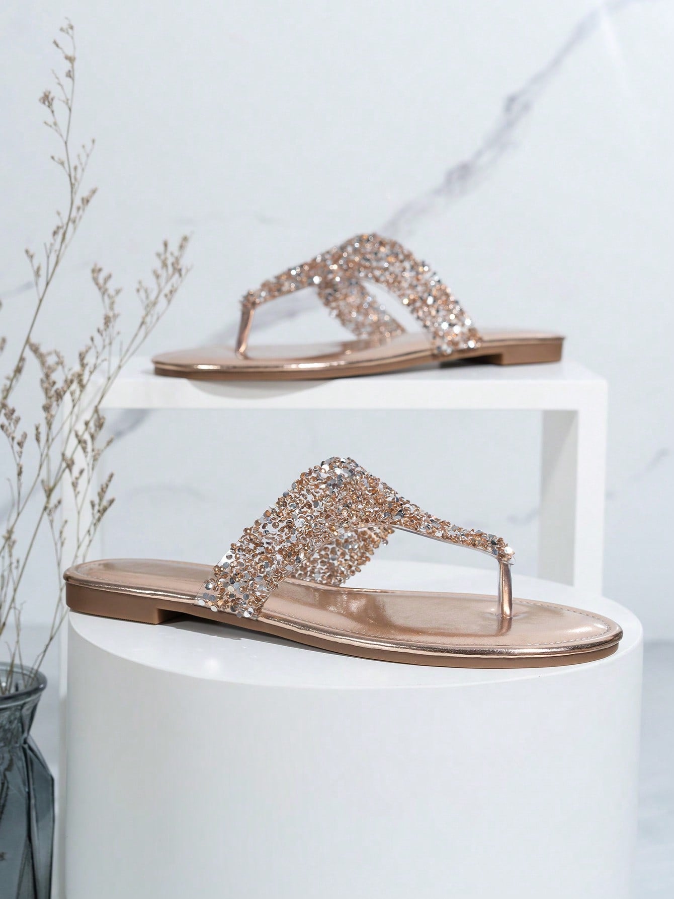 Casual Elegant Fashionable Flat Sandals For Women, Champagne Color, Glass Rhinestone Decorated Ankle Strap