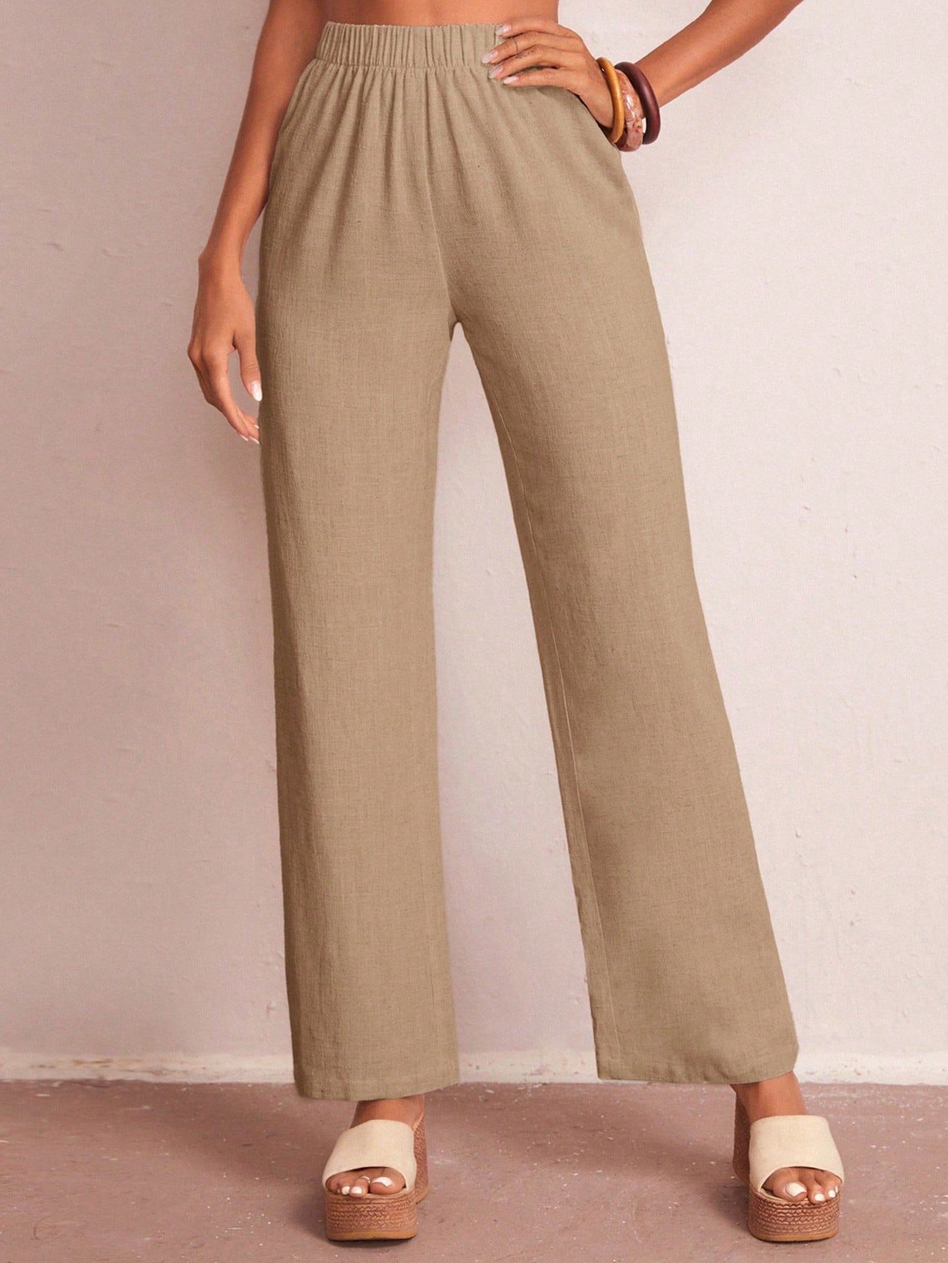 Solid Elastic Waist Straight Leg Pants
