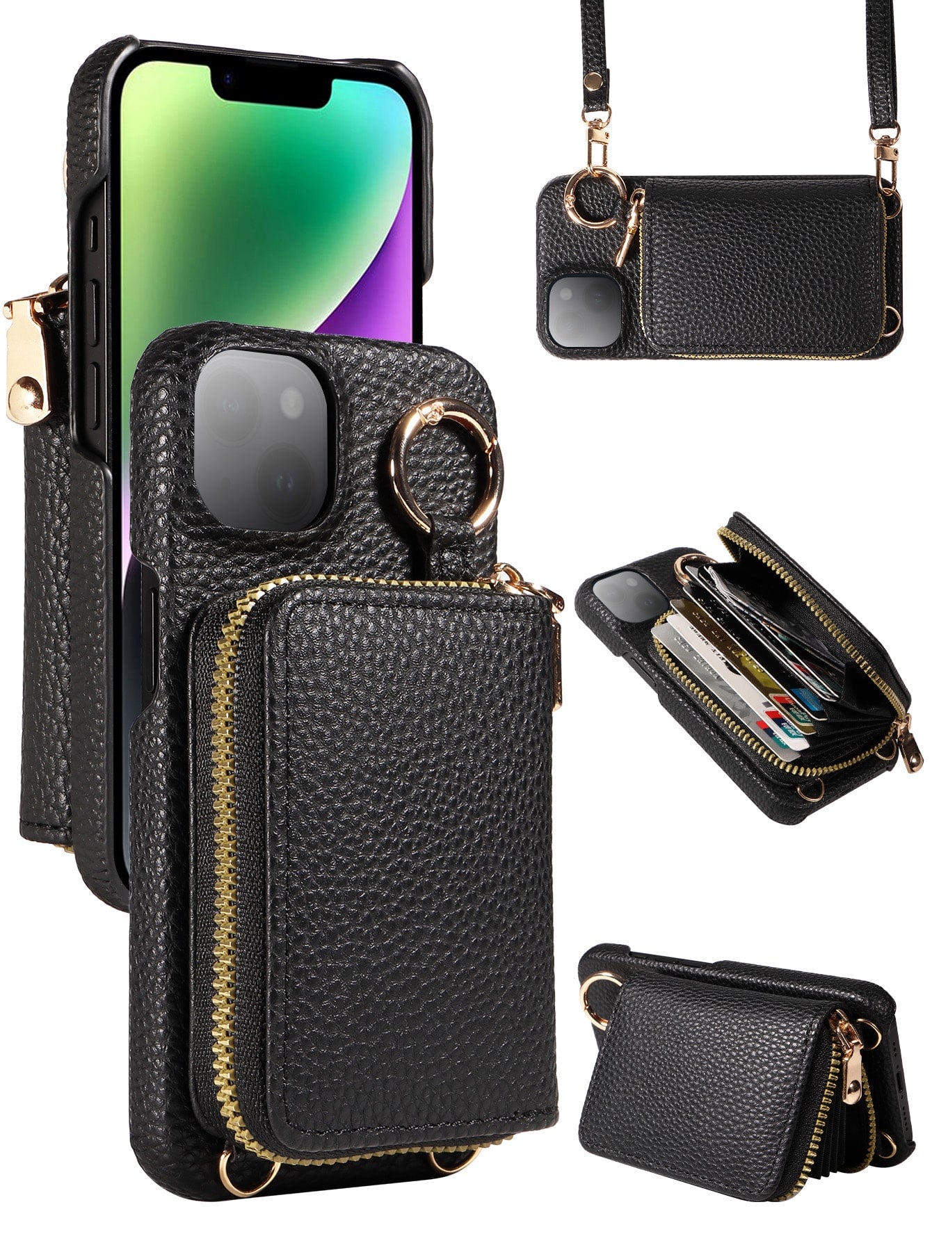 Cell Phone Lanyards A Multifunctional Crossbody Zipper Accordion Card Holder Wallet Style PU Phone Case Compatible With Apple/Samsung