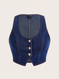 Button Front Crop Denim Vest Without Blouse