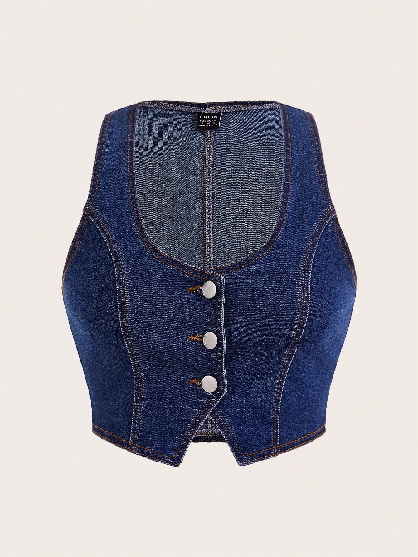 Button Front Crop Denim Vest Without Blouse