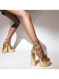 Women's Metallic Platform Chunky Heeled Sandals Open Round Toe Strappy Heels Ankle Elegant Summer Ankle Strap Sandals