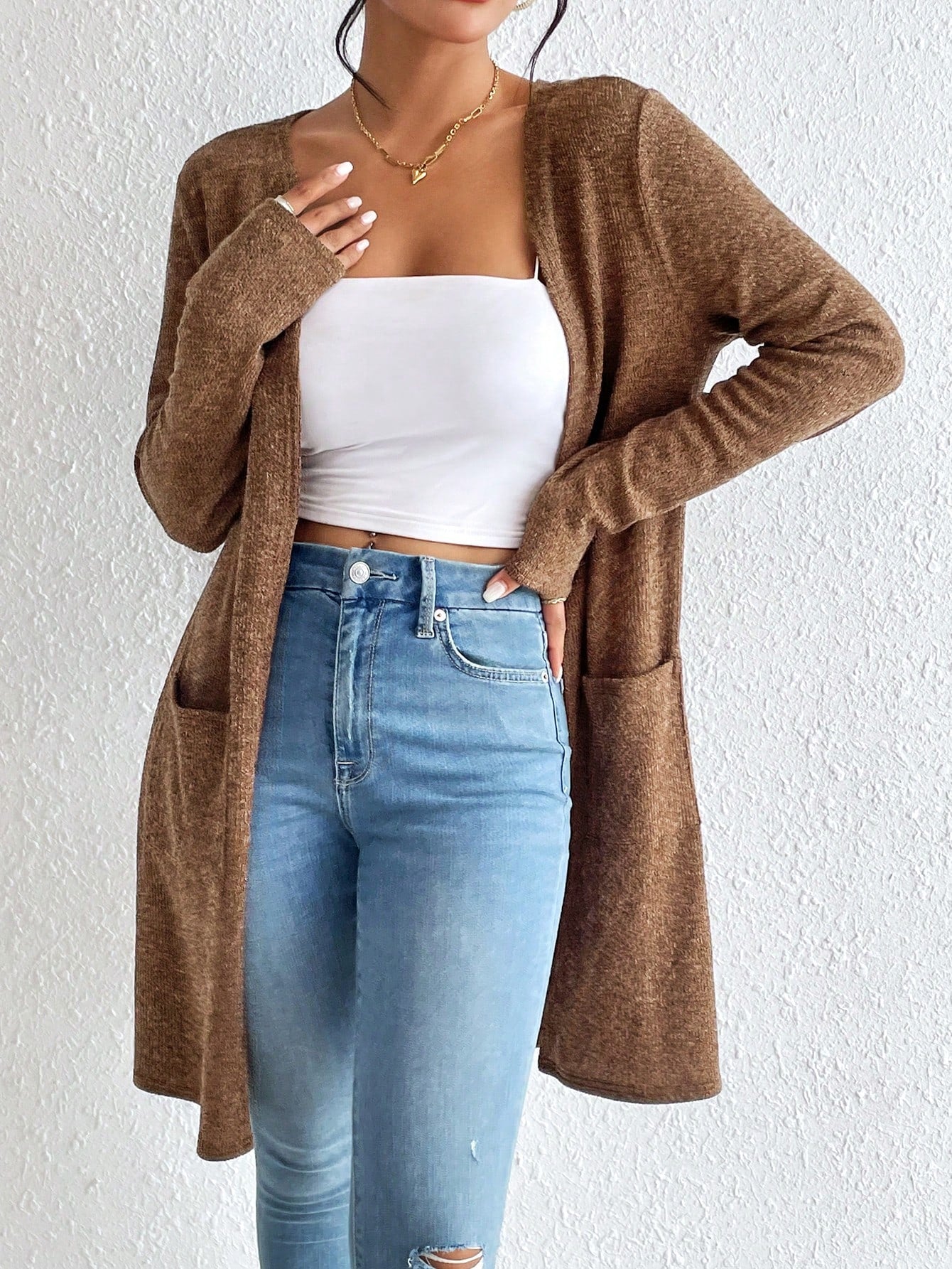 Dual Pocket Open Front Coat Without Cami Top