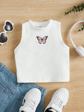 Young Girls' Sleeveless Round Neck Butterfly Print Tank Top Suitable For Spring/Summer