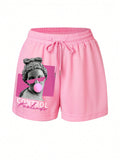 Figure & Letter Graphic Drawstring Waist Shorts