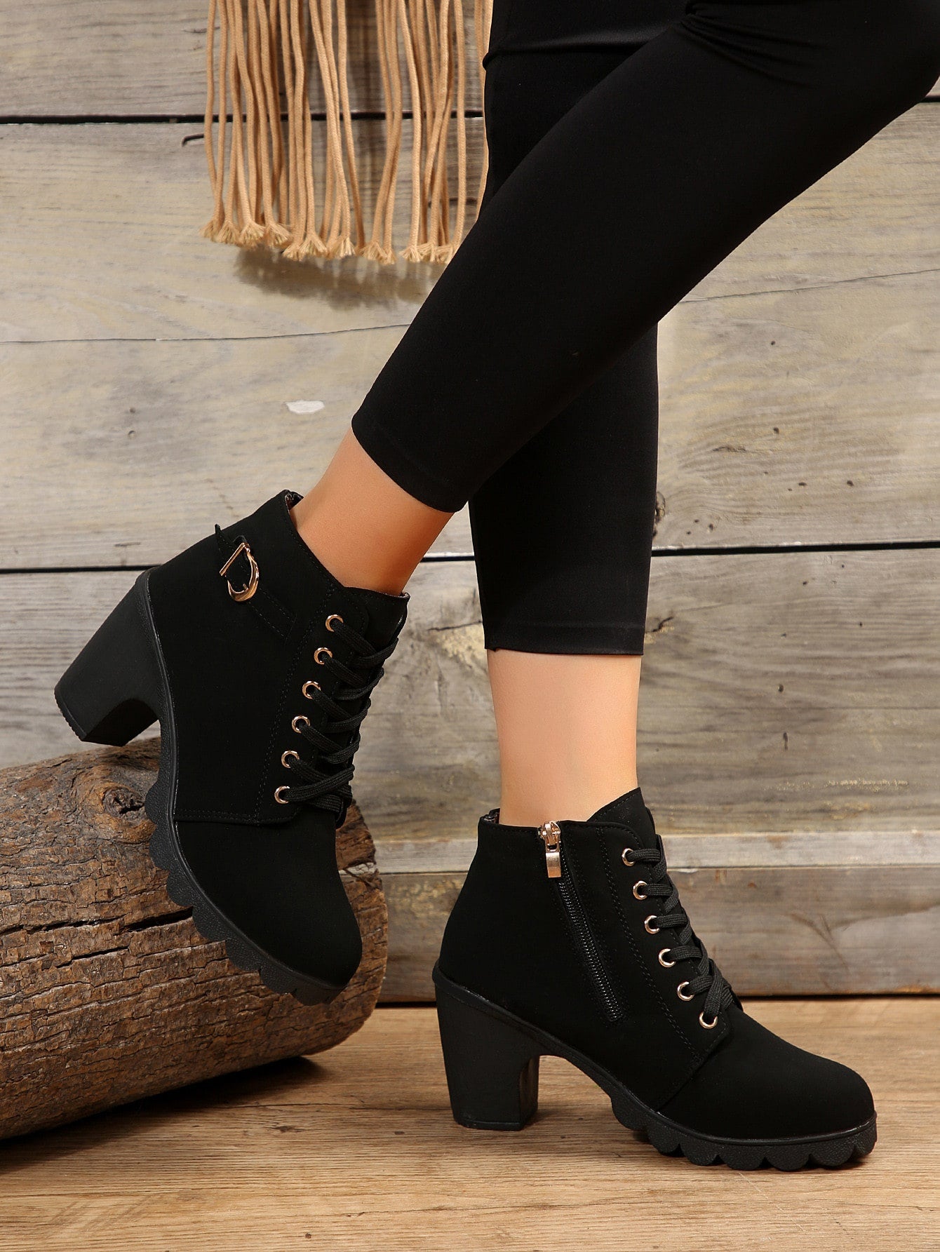 Elegant 's Boots, Buckle Decorated Lace Up Chunky Heel Boots