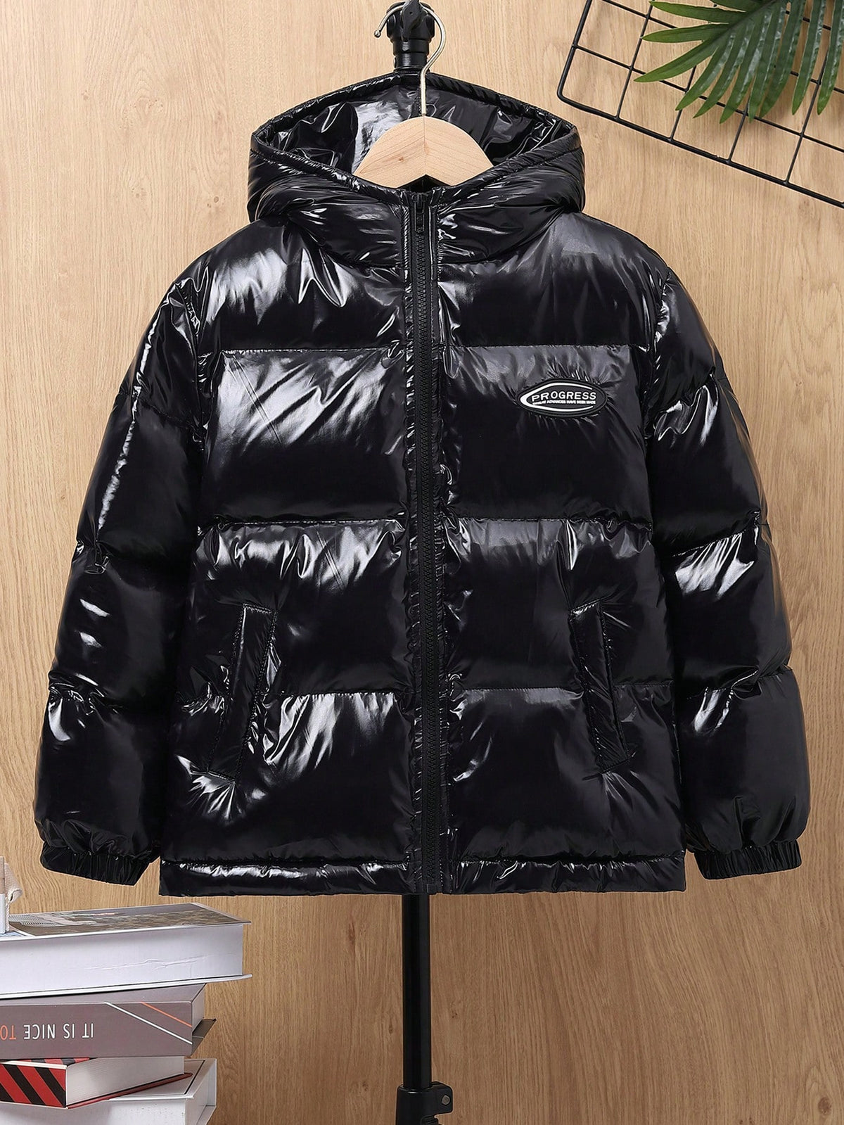 Tween Boy 1pc Letter Patched Detail Zipper Hooded Puffer Coat