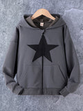 Teen Girl Star Print Zip Up Drop Shoulder Hoodie