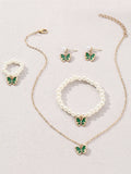 5pcs Kids Jewelry Set, Including Alloy Butterfly Shaped Pendant, Pearl Bracelet, Ring, Earrings And Collarbone Chain