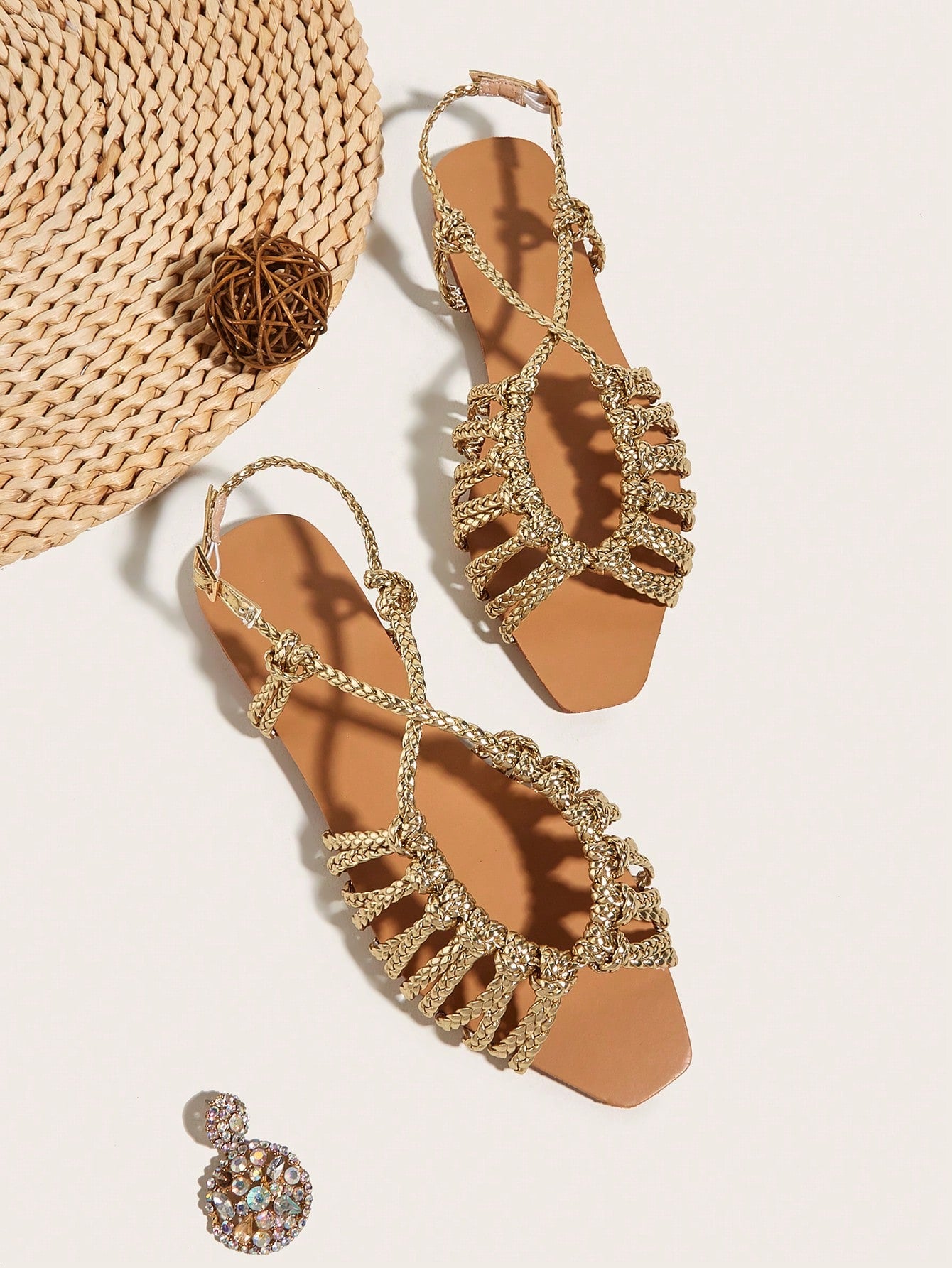 Vacation Gold Sandals For Women, Metallic Braided Detail Slingback Sandals